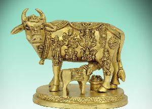 6 Inch Brass Cow and Calf Statue