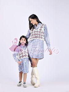 Mother and Daughter Blue Wave Crochet Dress