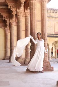 Chanderi Silver Line Floor Length Dress with Dupatta
