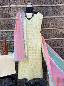 Yellow and Pink Applique Cut Work Suit Material