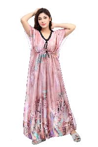 G4Girl Women Satin Silk Geometric Print Maxi Kaftan Nighty Gown (Free Size, Peach)