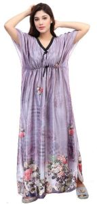 G4Girl Women's Satin Silk Geometric Print Maxi Kaftan Nighty Gown (Free Size, Grey)