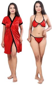 G4Girl Women Jacket Nighty with Lingerie Set (Free Size, Red Black)