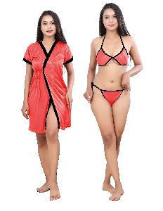 G4Girl Women Jacket Nighty with Lingerie Set (Free Size, Peach Black)