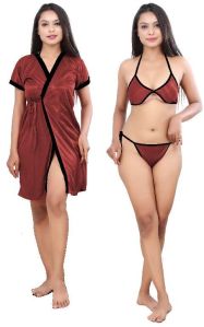 G4Girl Women Jacket Nighty with Lingerie Set (Free Size, B maroon)