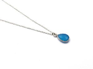 925 Sterling Silver Blue Chalcedony Minimalist Bezel Necklace