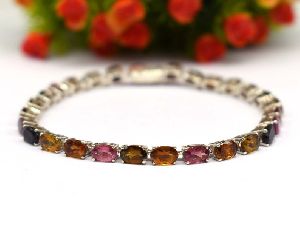 925 Sterling Silver Natural Multicolor Tourmaline 6x4mm Tennis Bracelet