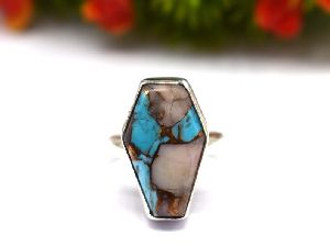 925 Sterling Silver Natural Pink Opal Copper Turquoise Coffin Ring