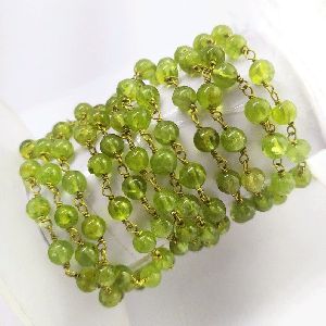 Natural Peridot Smooth Round Beads Brass Gold Plated Rosary Chain