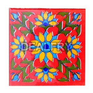 4 x 4 Inch Pack of 6 Red Theme Blue Pottery Tiles