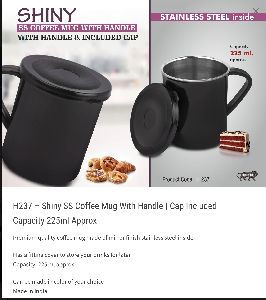 Shiny SS coffee mug with handle / cap included 225ml approx