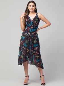 Women Printed Sleeveless Georgette Front Slit knee length Dress