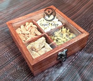 The Expert Edge Sheesham Wooden Masala Dabba Handmade 4 Partition with Spoon & Glass