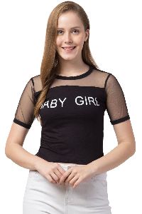 Ladies Regular Black Baby Girl Printed Crop Top