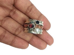 Natural Garnet and Pearl 925 Sterling Silver Spinner Ring