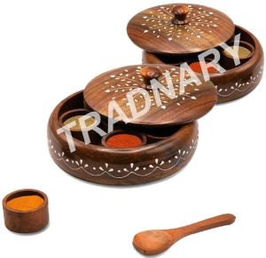 Round Spice Box With Six Container & Spoon Wooden Masala Box From Tradnary