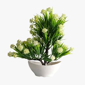 Artificial Plant Bonsai with Attractive White Flowers & Grass