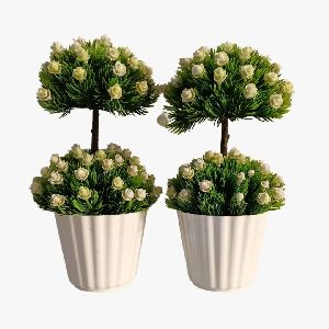 Artificial Plant Bonsai with Lovely White Flowers & Bush (Set Of 2)