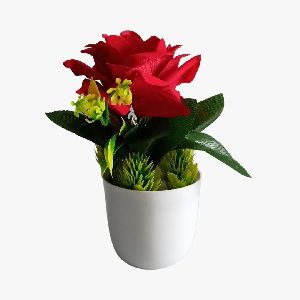 Artificial Plant Red Rose with Leaves & Buds