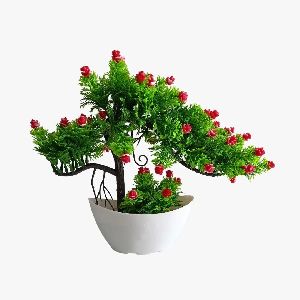 Artificial Plant Y-Shaped Bonsai Tree with Red Flowers & Leaves