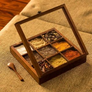 Inaithiram SB09 Wooden Kitchen Spice Box with 9 compartments & Spoon Tabletop Wooden Masala