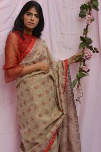 Block Printed Linen Saree