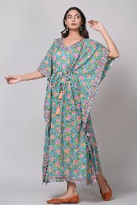 Bottle Green Floral Block Print Long Kaftan Dress