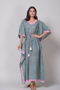 C-Green Bail Printed with Ikat Border Print Nighty Kaftan