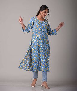 Cerulean Blue Hand Block Printed Cotton Kurta