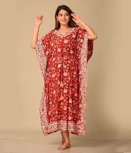 Deep Red Block Printed Sleepwear Kaftan