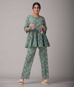 Fern Green Floral Block Printed Cotton Loungewear