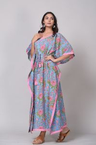Kantha Bordered Floral Printed Kaftan Dress
