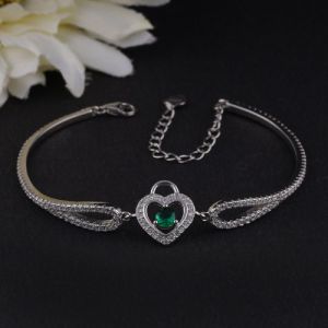 Beautiful Diamond Heart With Green Gems Bracelet