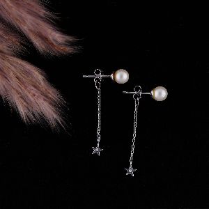 White Pearl Hanging Silver Star Earring