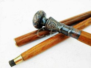 2 Round Black Head Solid Brass Wooden Walking Stick