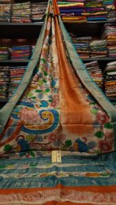 Pure Tussar Kalamkari Hand Painted Saree with Zari Weave Work