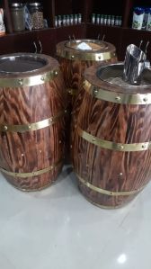 wooden barrels for food display in supermarkets