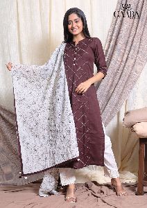 DUSKY BROWN KURTA IN COTTON WITH BEAUTIFUL EMBROIDERED MUL DUPATTA