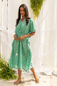 Green Cotton Kaftan with Lace