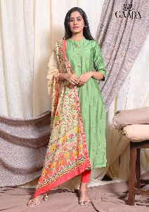 GREEN DESIRE CHANDERI KURTA WITH DIGITAL PRINT MUSLIN DUPATTA