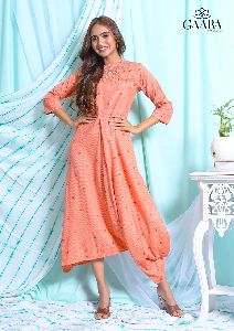 ORANGE DRAPE DRESS WITH EMBROIDERY