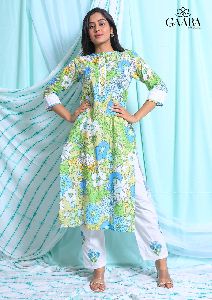 PRINTED COTTON KURTA WITH EMBROIDERED PANTS