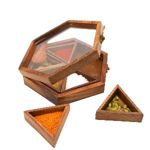 Inaithiram SB06 Wooden Spice Container Box / Masala Box Hexagon Shaped with 6 Containers