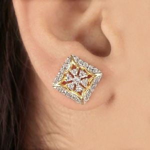 Yellow Gold Natural Diamond Square Earrings