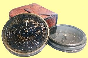 Antique Brass 40 Year Calendar & Compass Camping With Handmade Leather Case 3