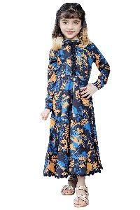 Girls Black Floral Printed Round Neck Fit And Flare Gown