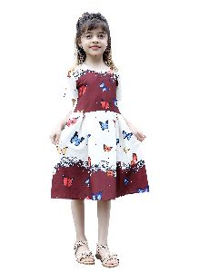 Girls Butterfly Printed Round Neck A Line Dress