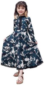 Girls Dark Green Floral Printed Round Neck Fit and Flare Gown