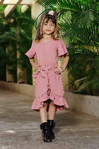 Girls V Neck A Line High Low Dress with Belt