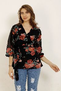 Ladies Black Floral Printed V Neck Top